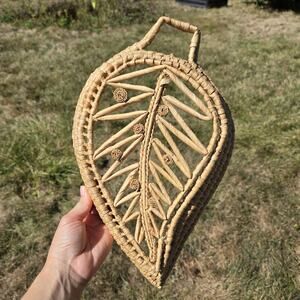 Boho Leaf Shaped Woven Straw Basket Wall Decor